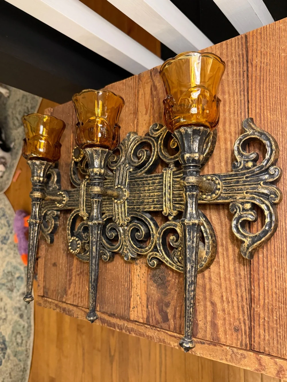 Vintage BOHO Gothic Farmhouse Amber Glass Triple Candle Wall Sconce